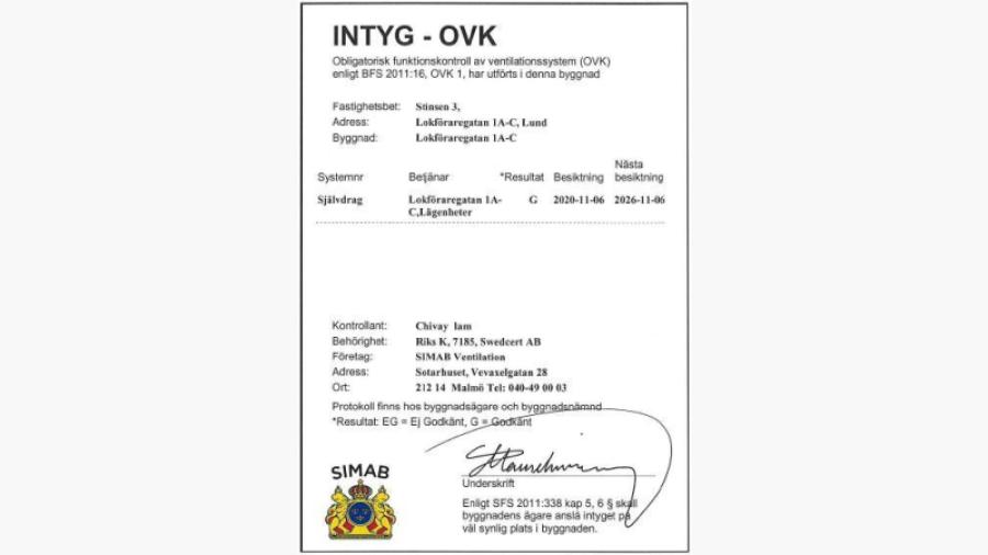 Intyg från obligatorisk ventilationskontroll (OVK) 2020